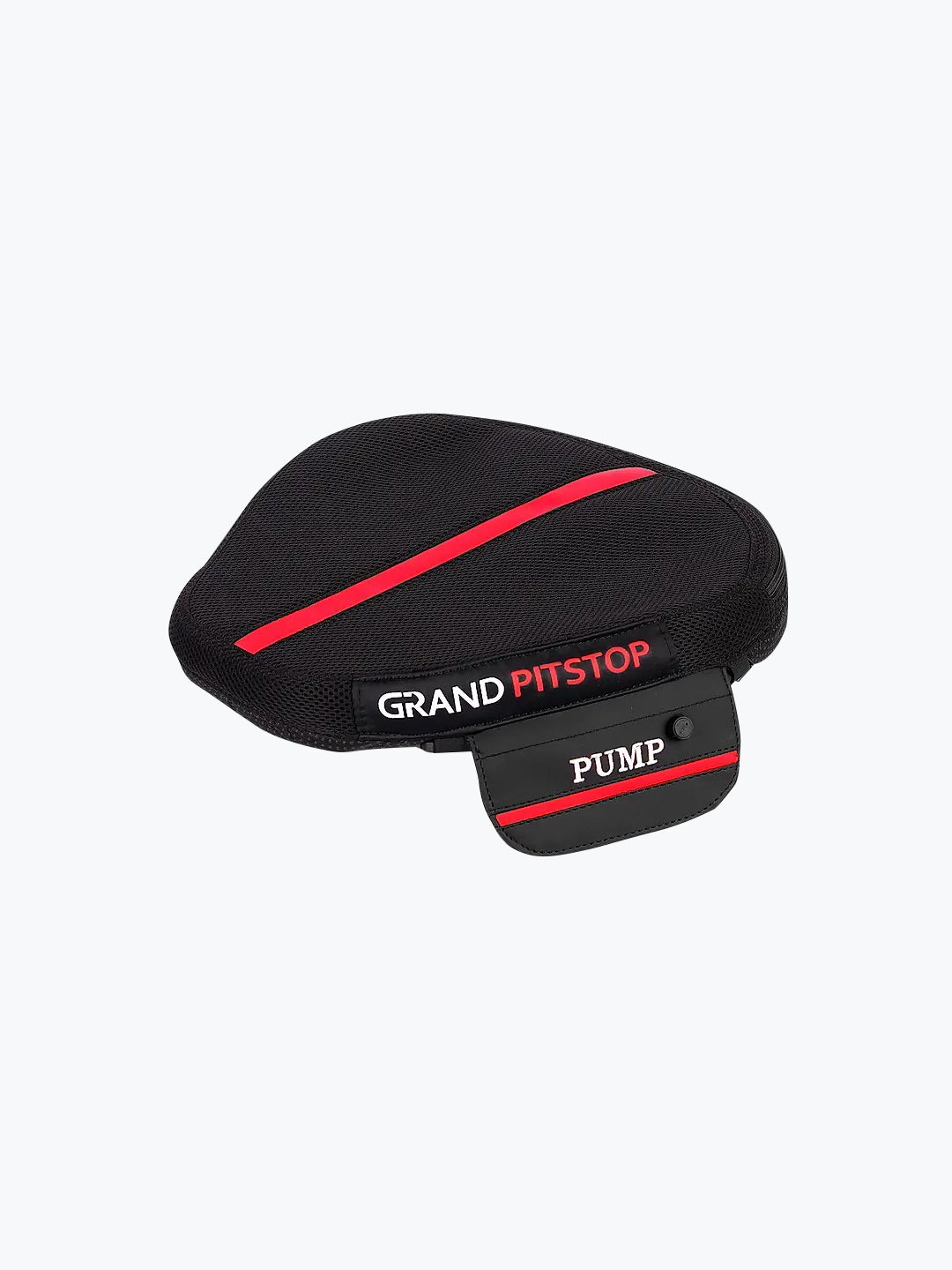 Black and red motorcycle air seat cushion with pump attachment, labeled 'Grand Pitstop'.