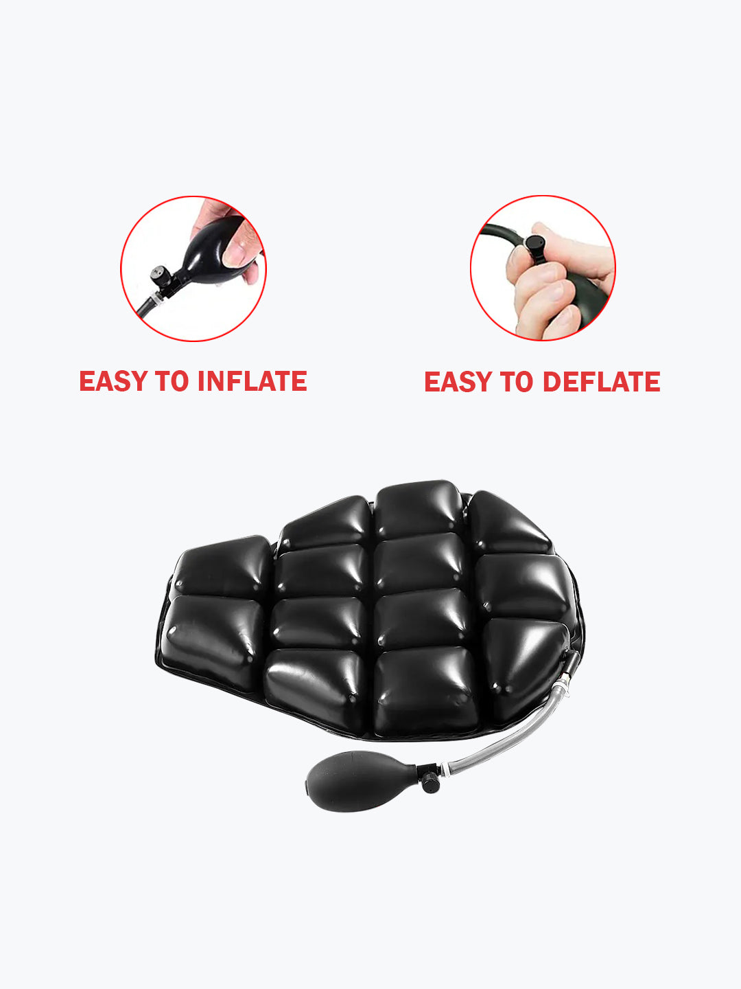 Black inflatable air seat cushion with hand pump, showing easy to inflate and deflate feature