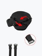 Black motorcycle air seat cushion with adjustable straps and buckle close-up.