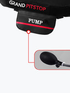Motorcycle air seat cushion with hand pump, black mesh and red accents, labeled Grand Pitstop.