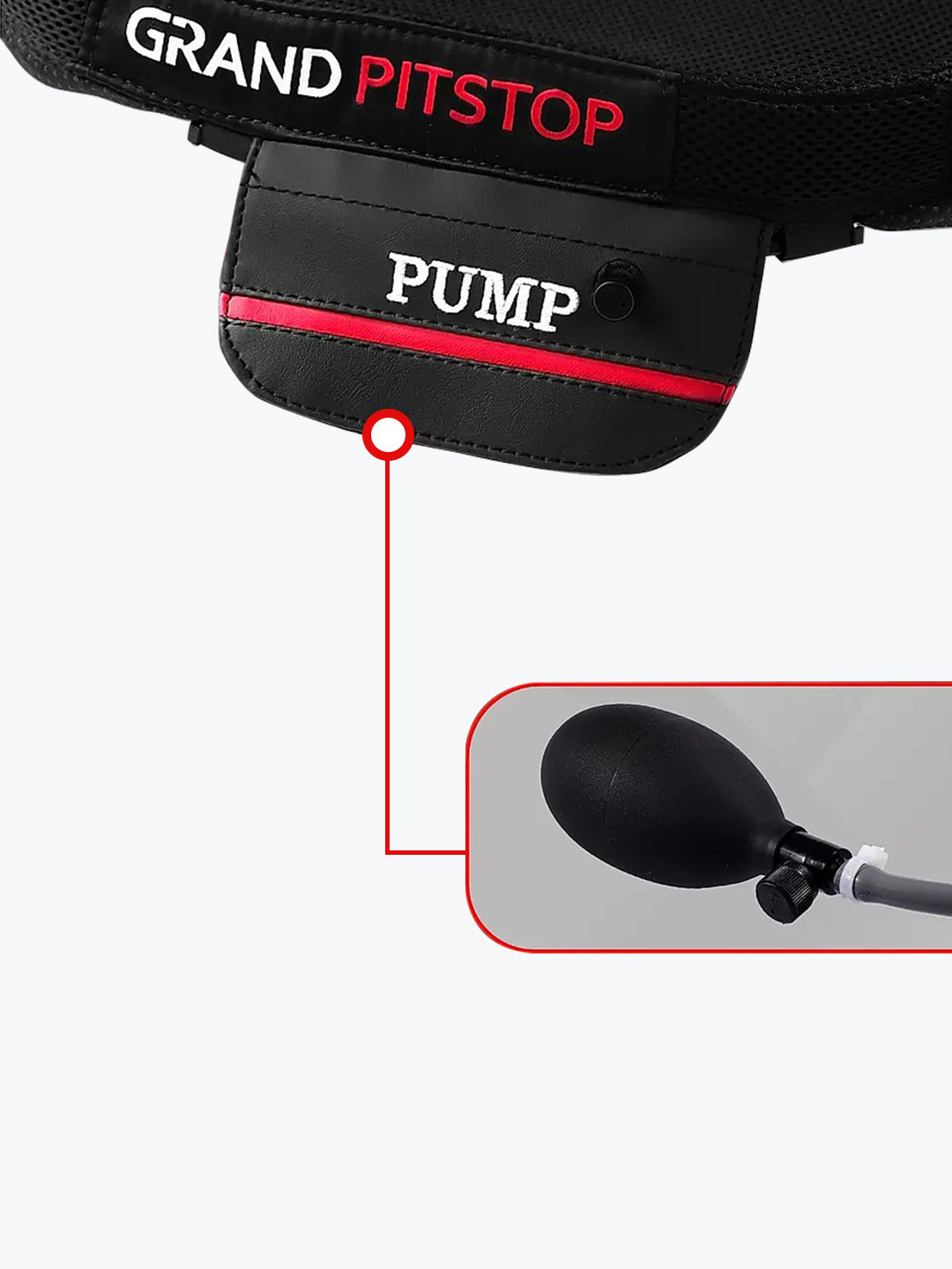 Motorcycle air seat cushion with hand pump, black mesh and red accents, labeled Grand Pitstop.