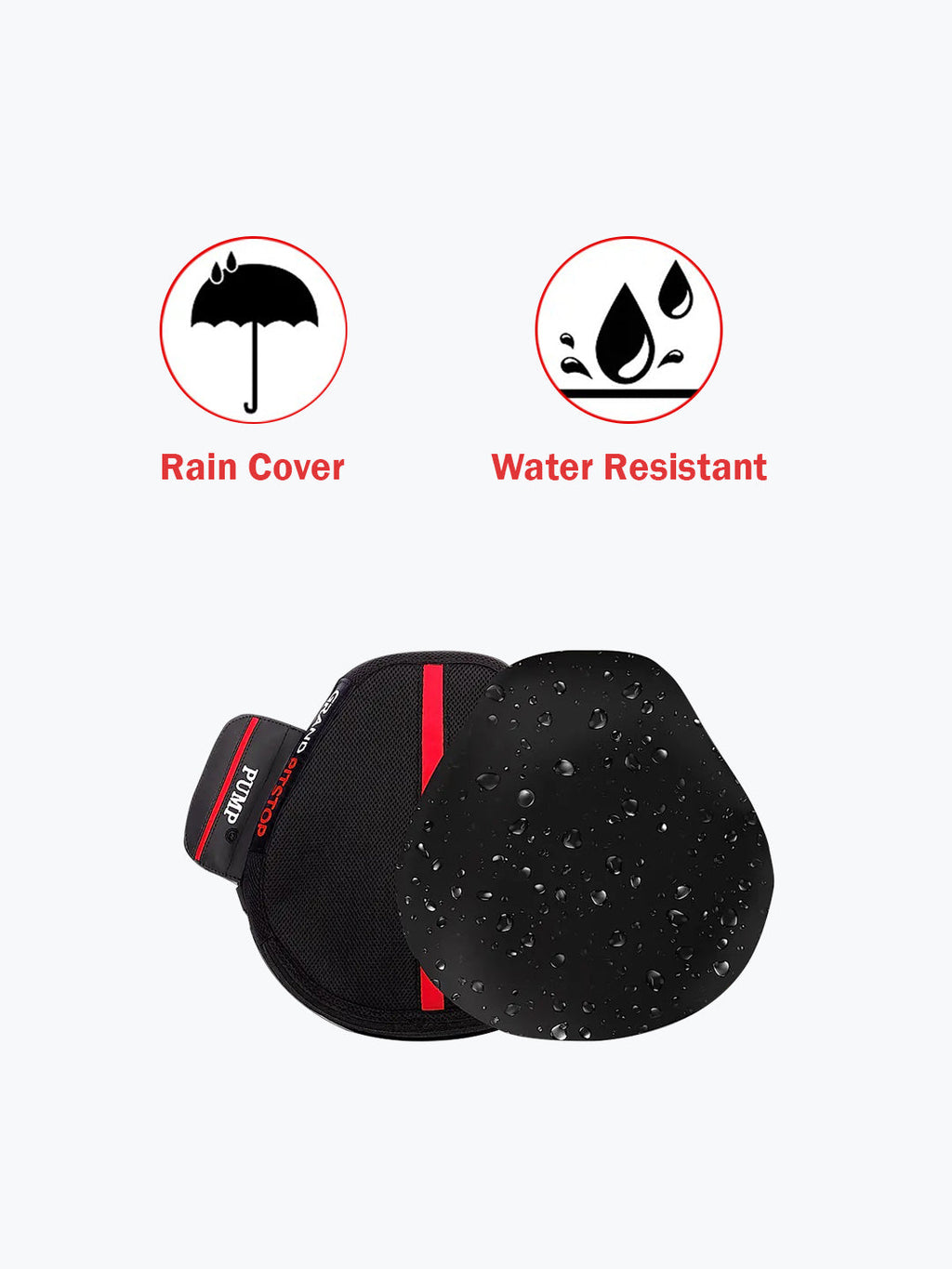 Motorcycle seat cover with rain cover and water resistant features, black and red design