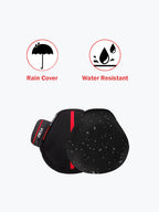 Motorcycle seat cover with rain cover and water resistant features, black and red design