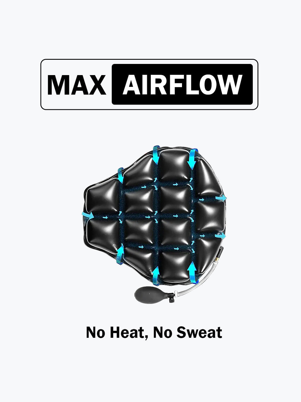 Air seat cushion with pump, showing max airflow design and no heat, no sweat text.