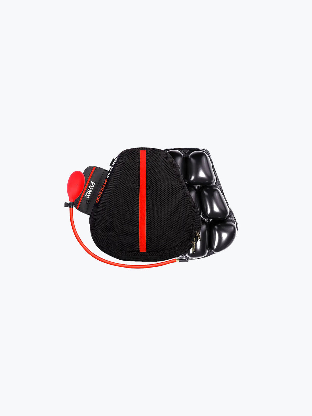 Motorcycle air seat cushion with black mesh cover, red stripe, and attached pump