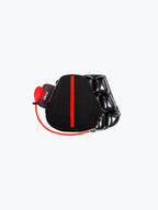 Motorcycle air seat cushion with black mesh cover, red stripe, and attached pump