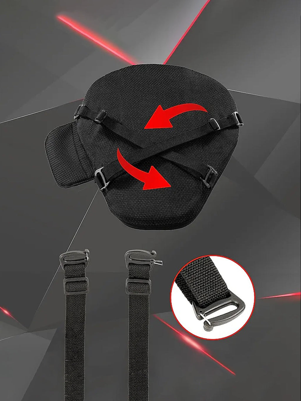 Black adjustable motorcycle seat cushion with mounting straps and metal buckle attachments.