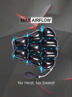 Black inflatable motorcycle seat cushion with air pump demonstrating max airflow feature.