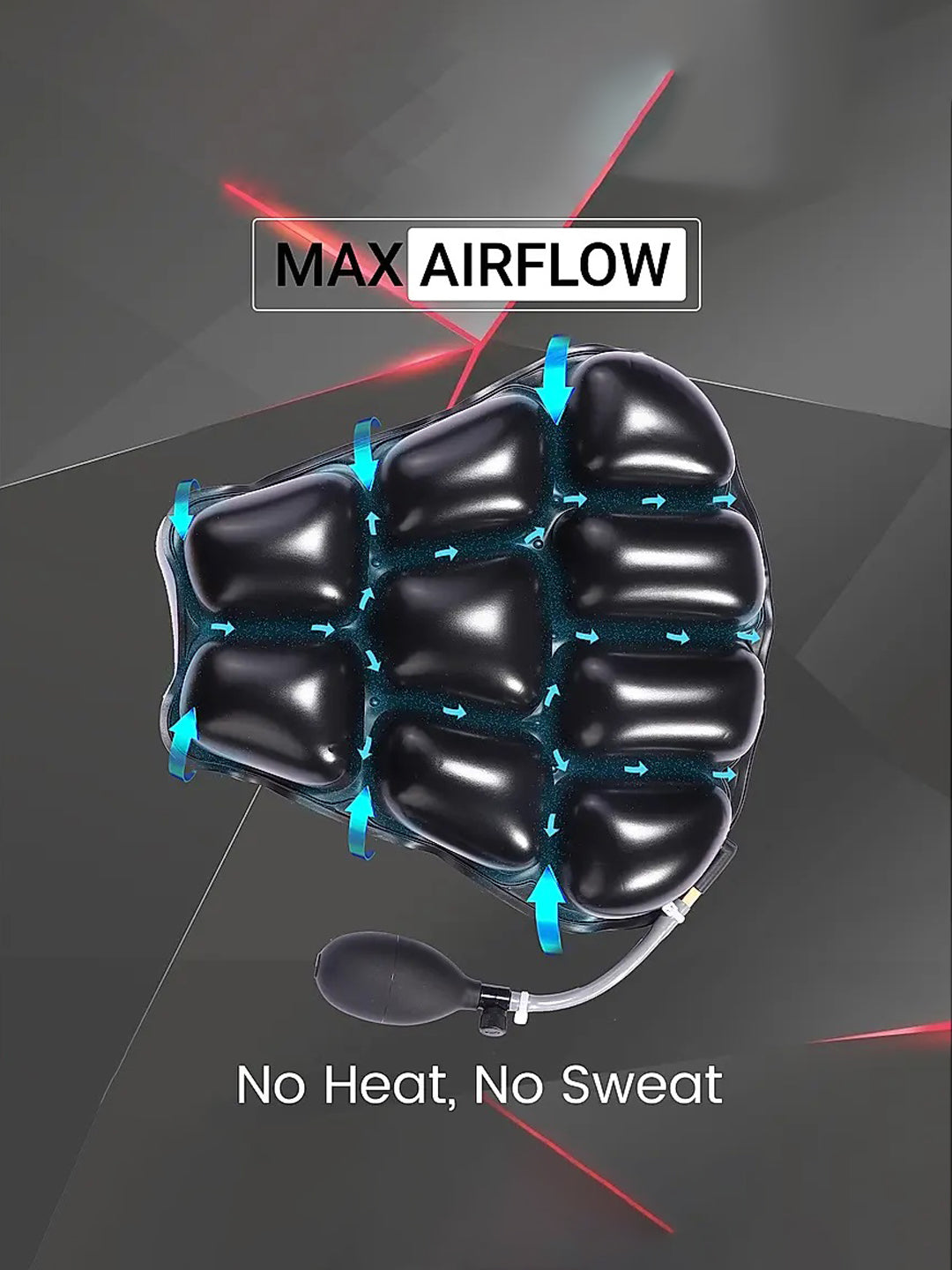 Black inflatable motorcycle seat cushion with air pump demonstrating max airflow feature.