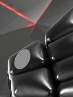 Close-up of black inflatable air seat cushion with geometric background and red light accents