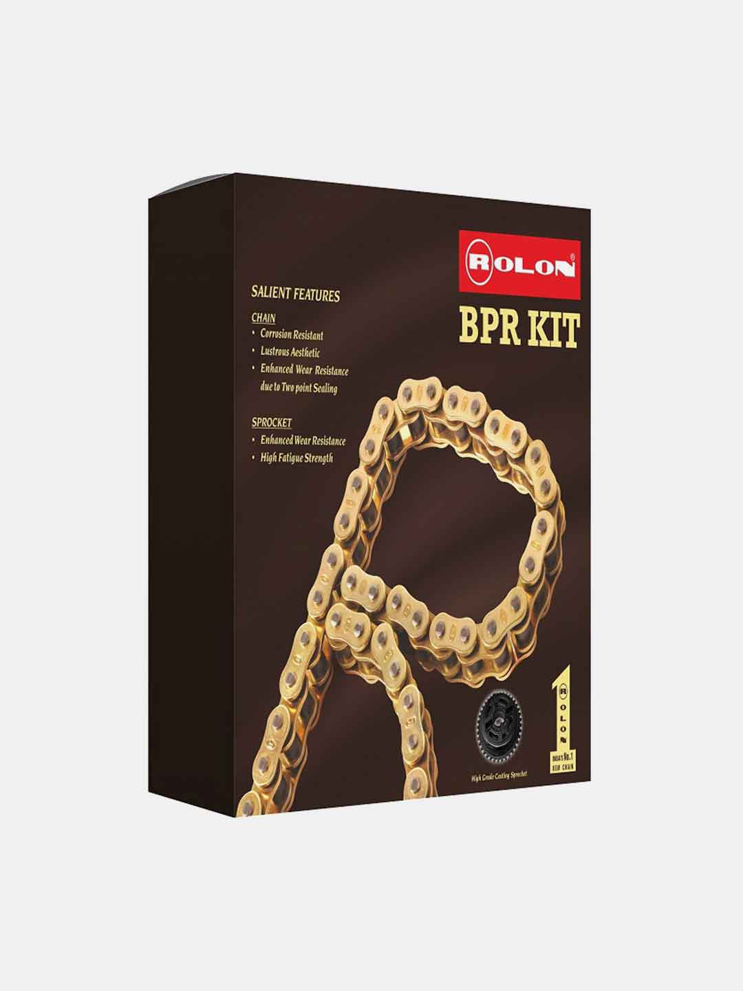 Rolon BPR kit packaging with gold motorcycle chain and sprocket features