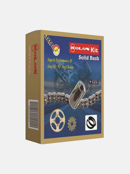 Rolon motorcycle chain and sprocket kit packaging, featuring chain, gears, and O-rings.