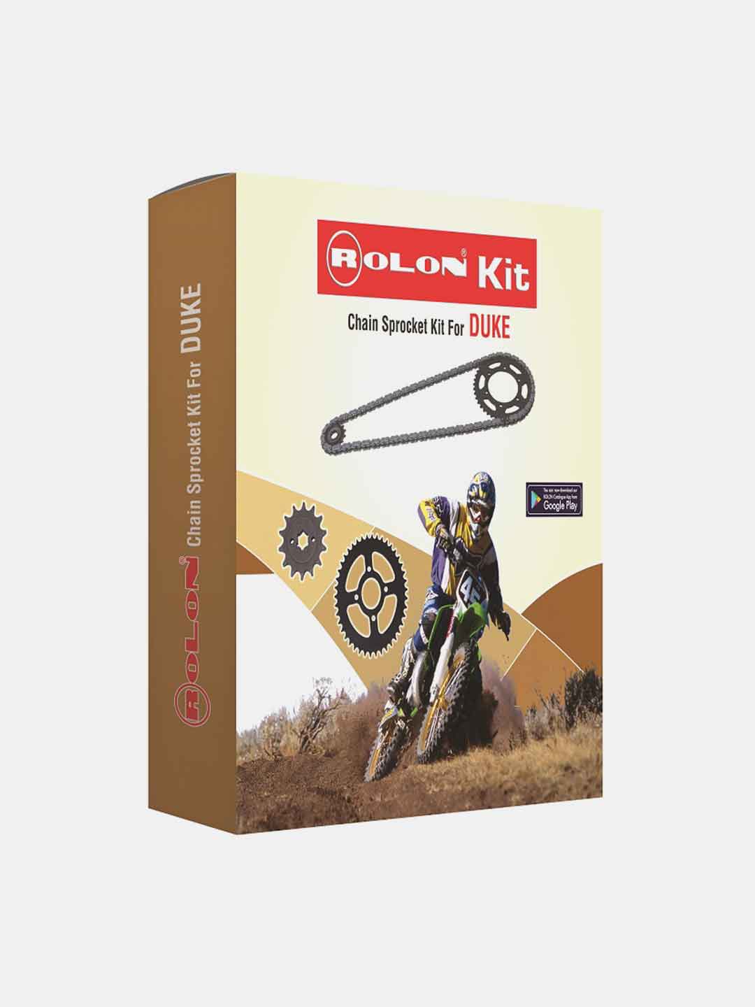 Rolon chain sprocket kit for Duke, motocross rider and gear graphics on packaging