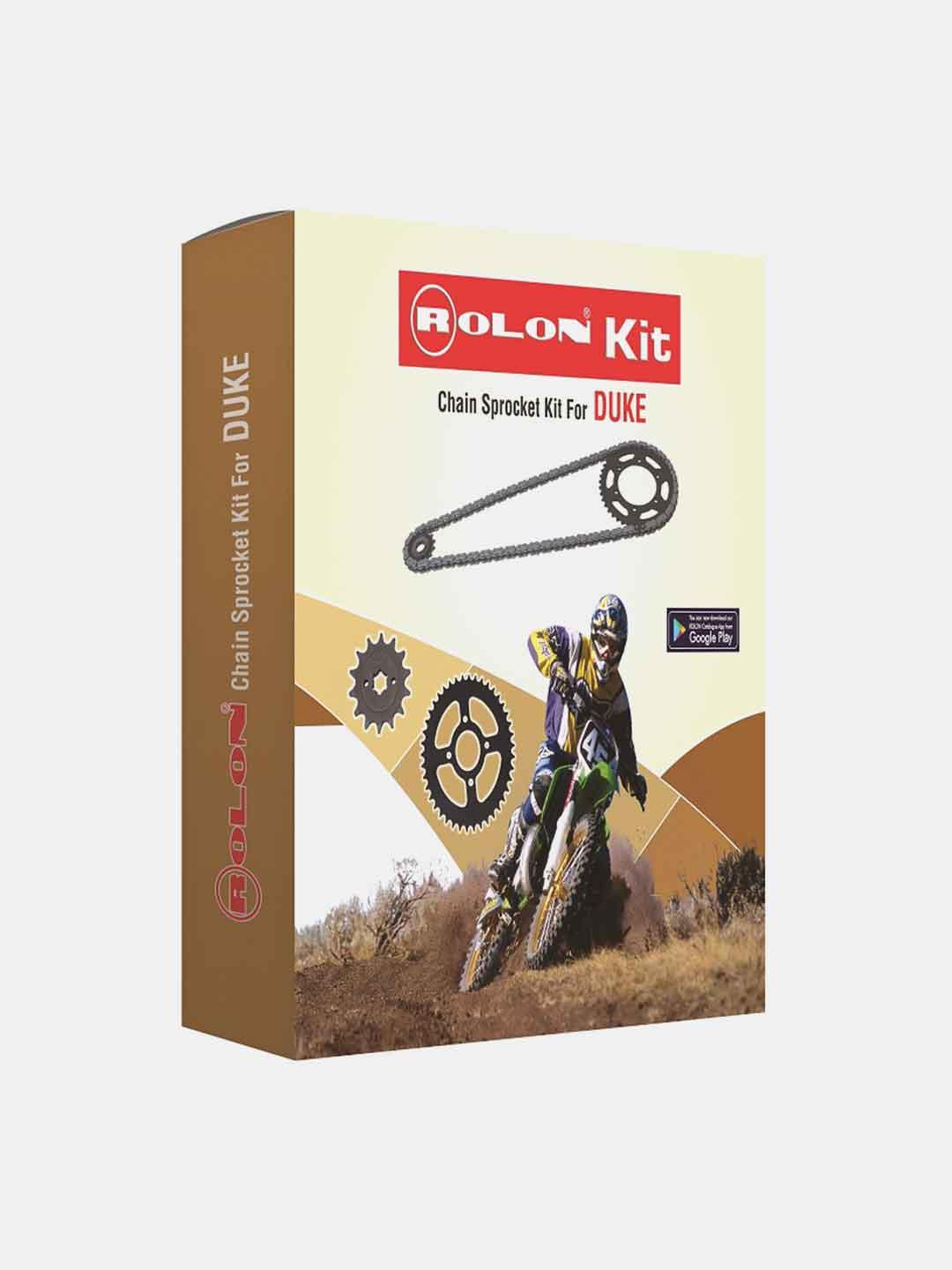 Motorcycle chain sprocket kit for Duke in retail box with rider and gear graphics