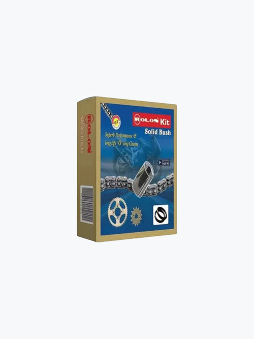 Rolon Kit Solid Bush chain sprocket kit packaging for Pulsar 220 motorcycle, with chain and gear graphics.
