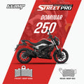 Bajaj Dominar 250 motorcycle with Street Pro semi ceramic brake pads, front 66SP-9068 and rear 66SP-953, red and white graphic design.