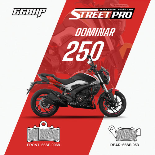 Bajaj Dominar 250 motorcycle with Street Pro semi ceramic brake pads, front 66SP-9068 and rear 66SP-953, red and white graphic design.