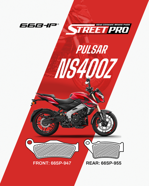Pulsar NS400Z red motorcycle with front and rear semi ceramic brake pads, 66SP-947 and 66SP-955.