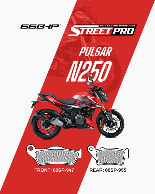 Bajaj Pulsar N250 red motorcycle with front 66SP-947 and rear 66SP-955 semi-ceramic brake pads.