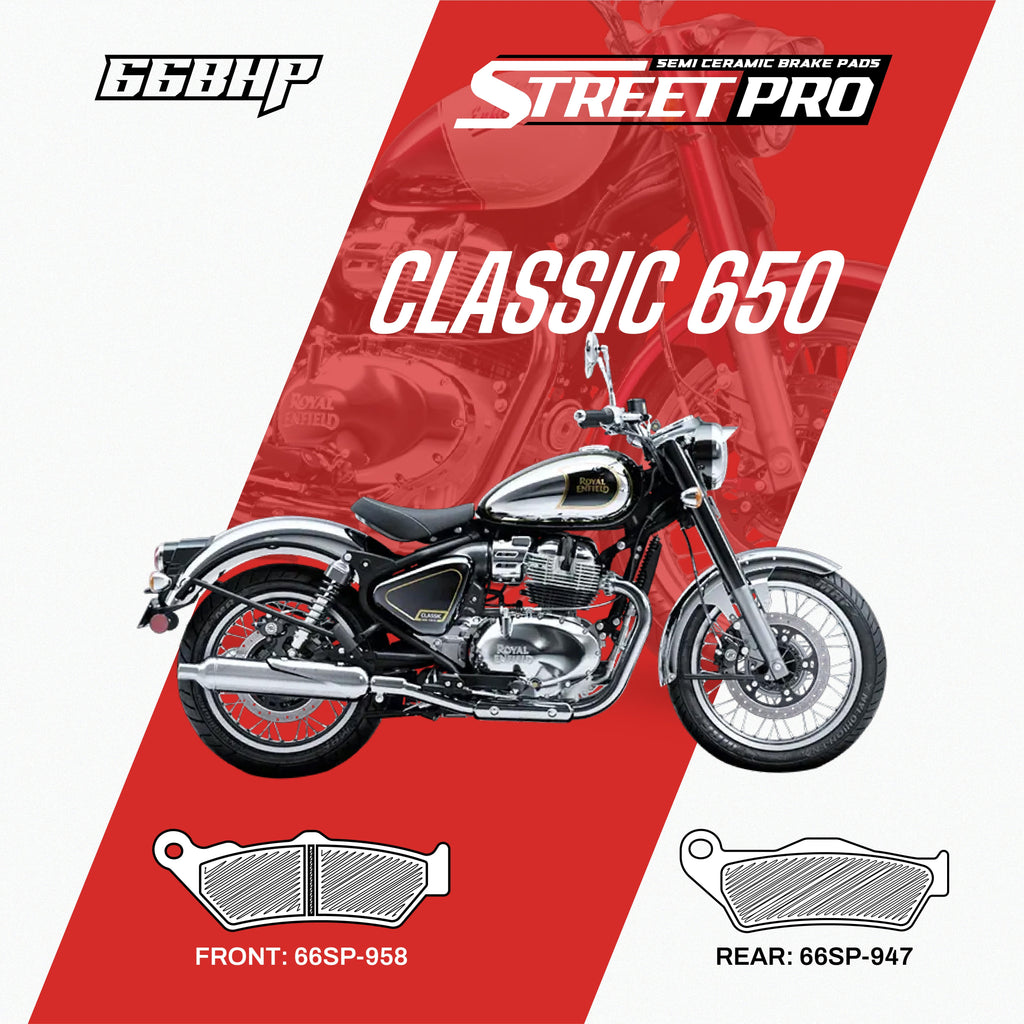 StreetPro semi ceramic brake pads for Classic 650 motorcycle, front and rear pad diagram