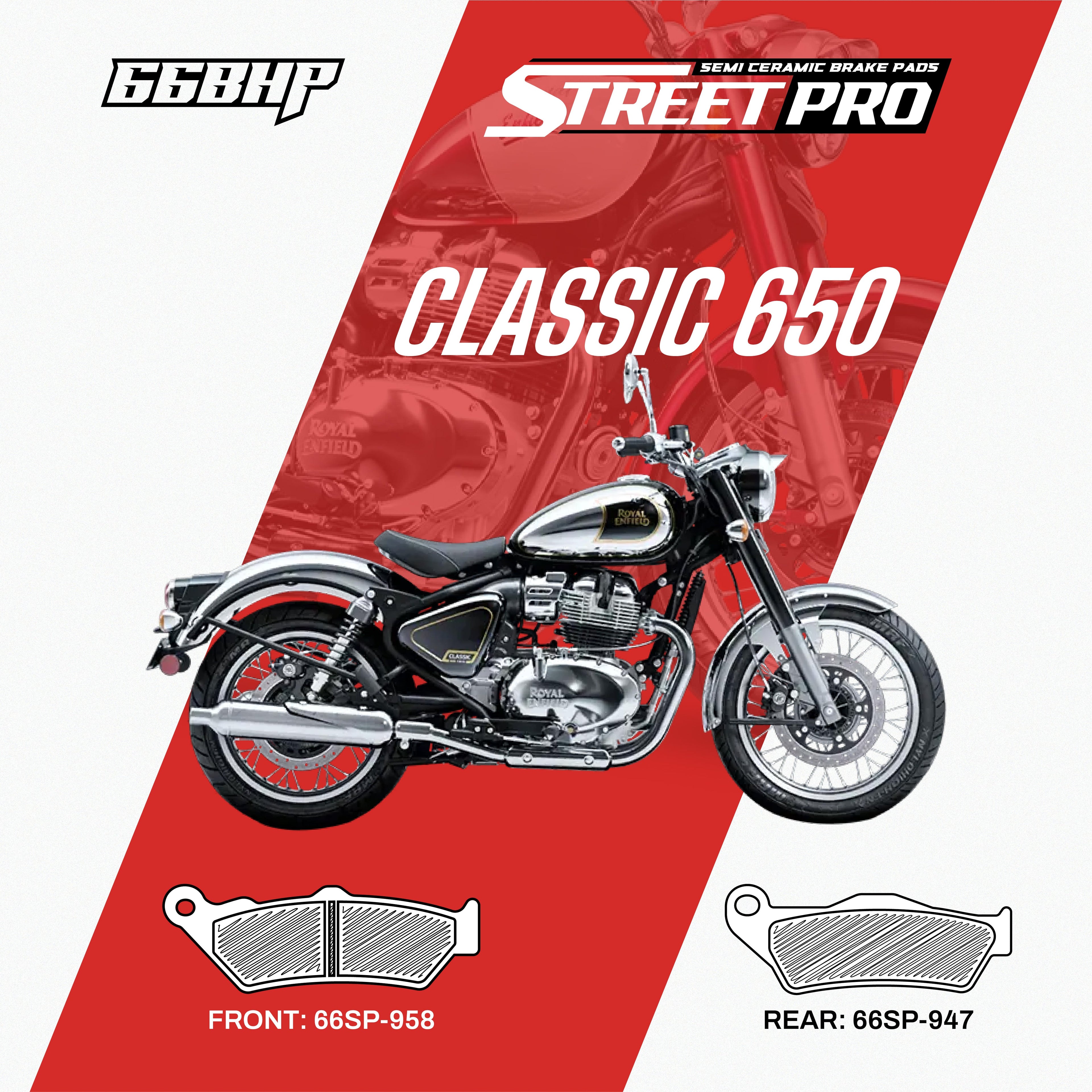 StreetPro semi ceramic brake pads for Classic 650 motorcycle, front and rear pad diagram