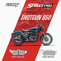 Royal Enfield Shotgun 650 motorcycle with Street Pro semi ceramic brake pads, front and rear pad diagrams