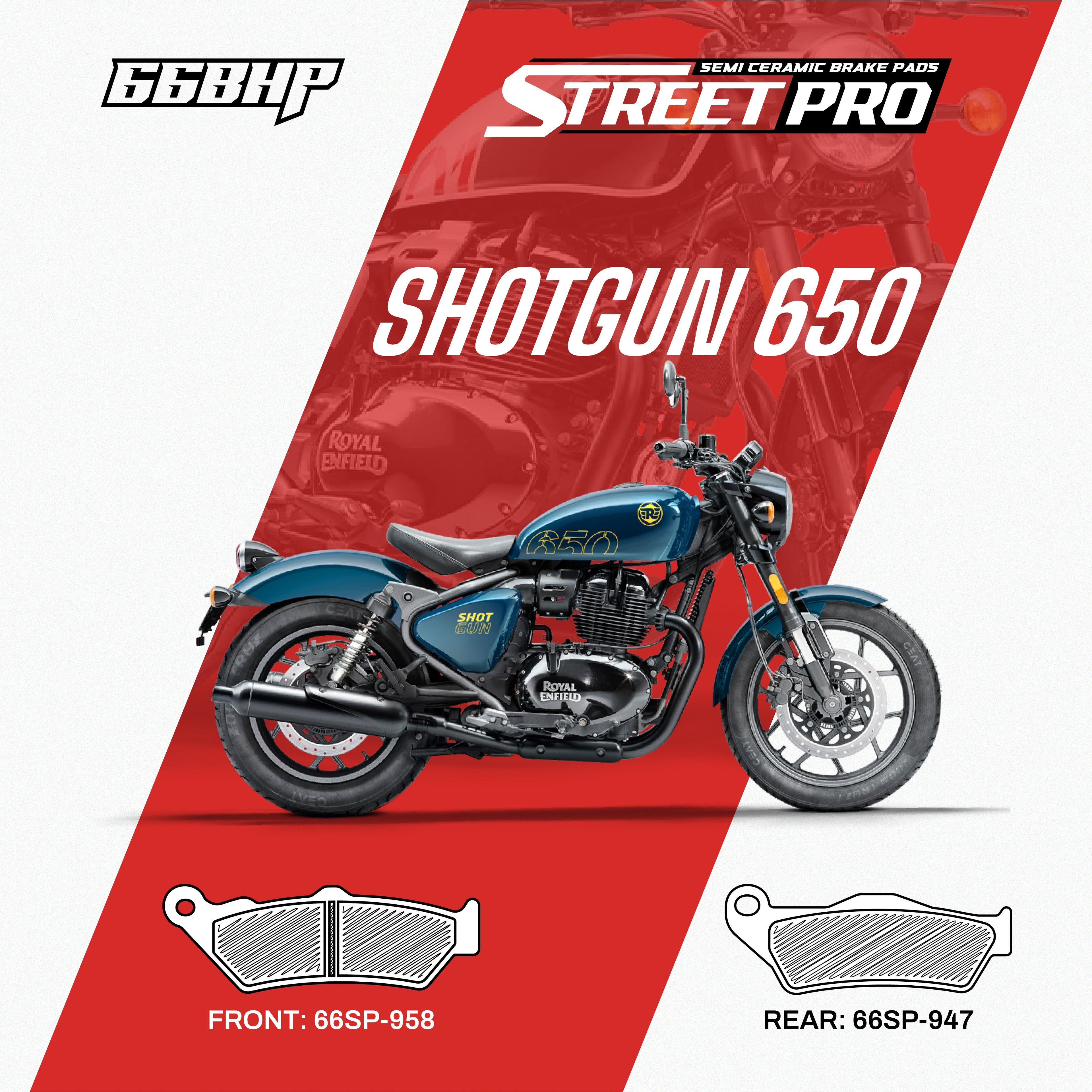 Royal Enfield Shotgun 650 motorcycle with Street Pro semi ceramic brake pads, front and rear pad diagrams