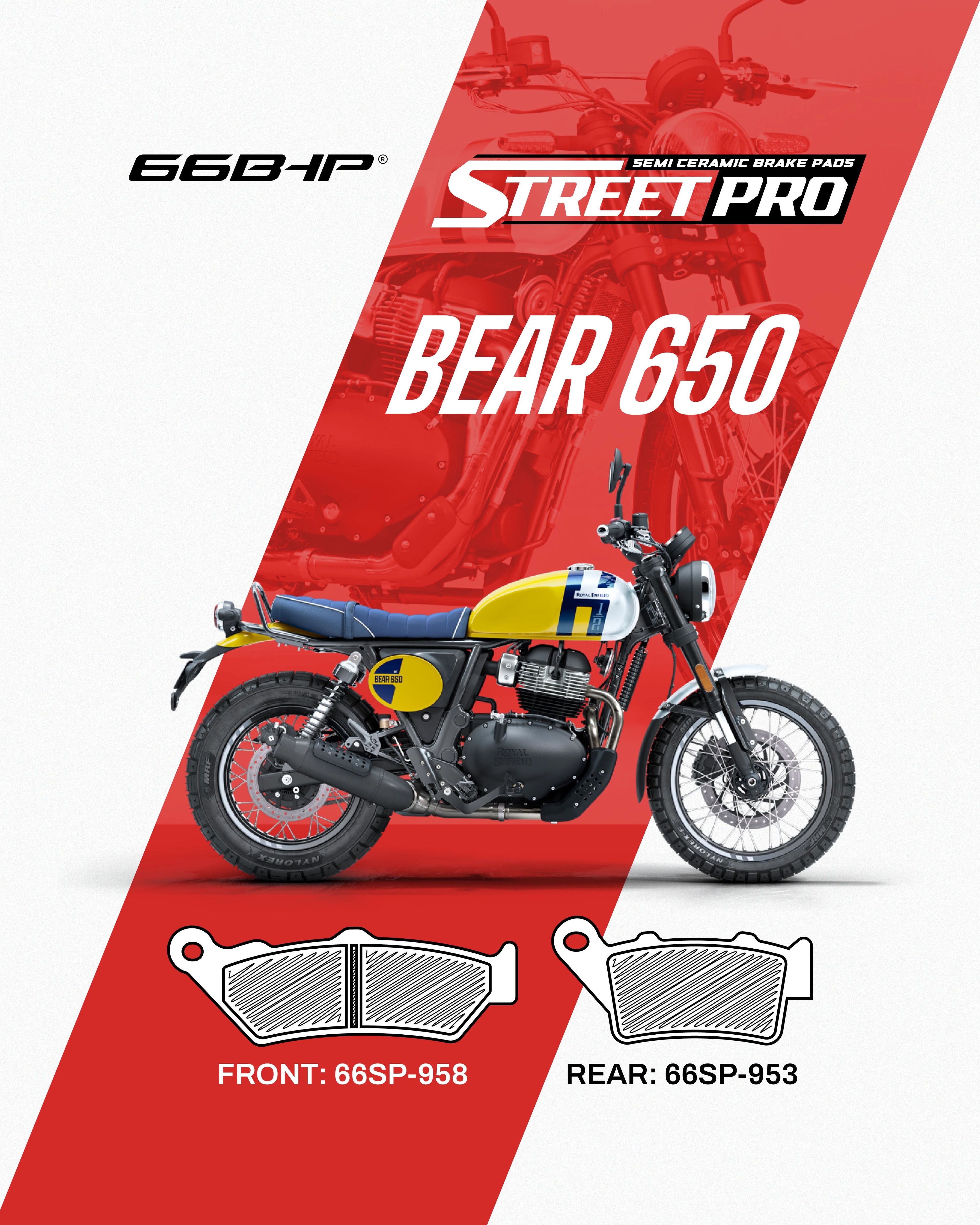 StreetPro semi ceramic brake pads for Bear 650 motorcycle, showing front and rear pad shapes.