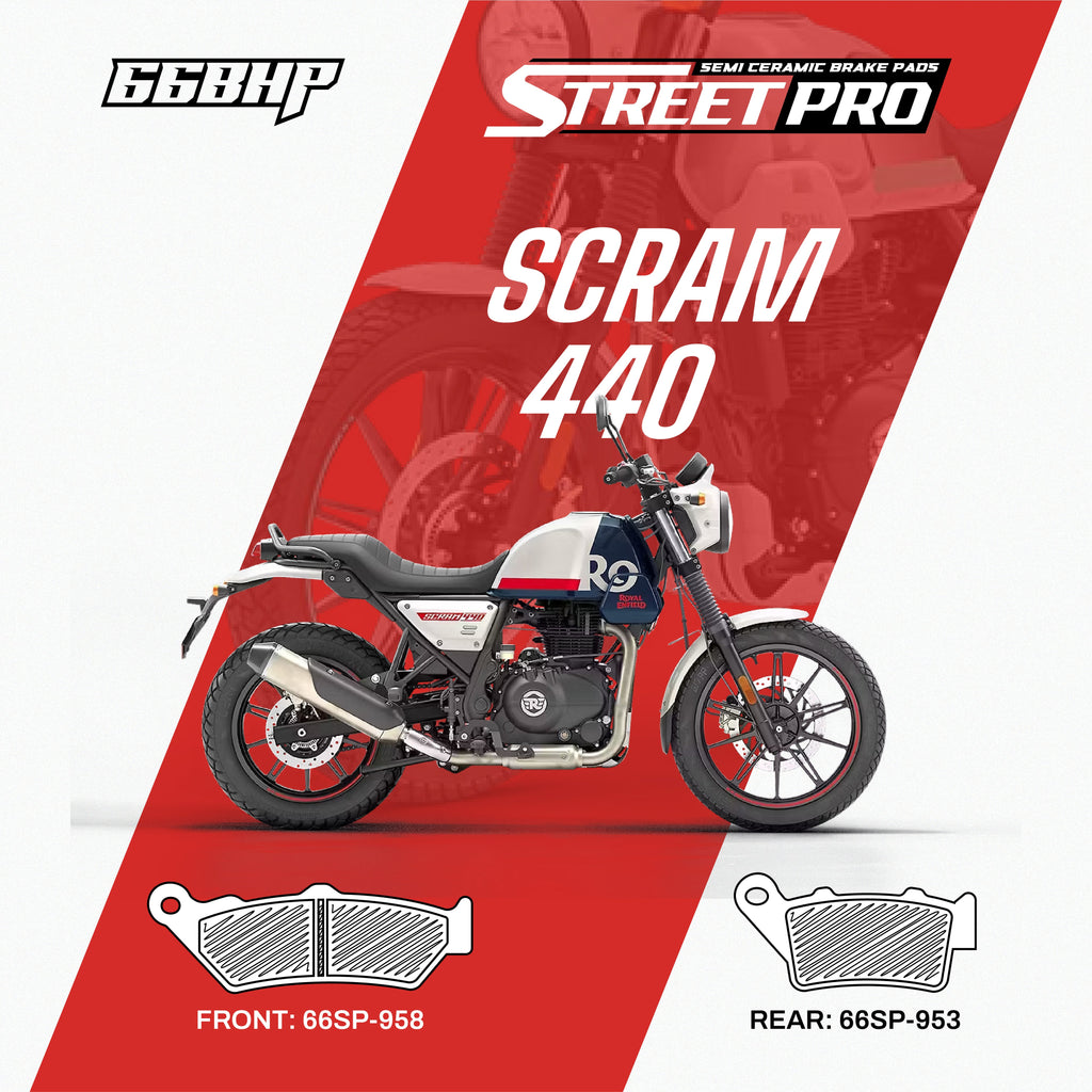 Royal Enfield Scram 440 motorcycle with StreetPro semi ceramic brake pads, front and rear types shown.