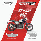 Royal Enfield Scram 440 motorcycle with StreetPro semi ceramic brake pads, front and rear types shown.