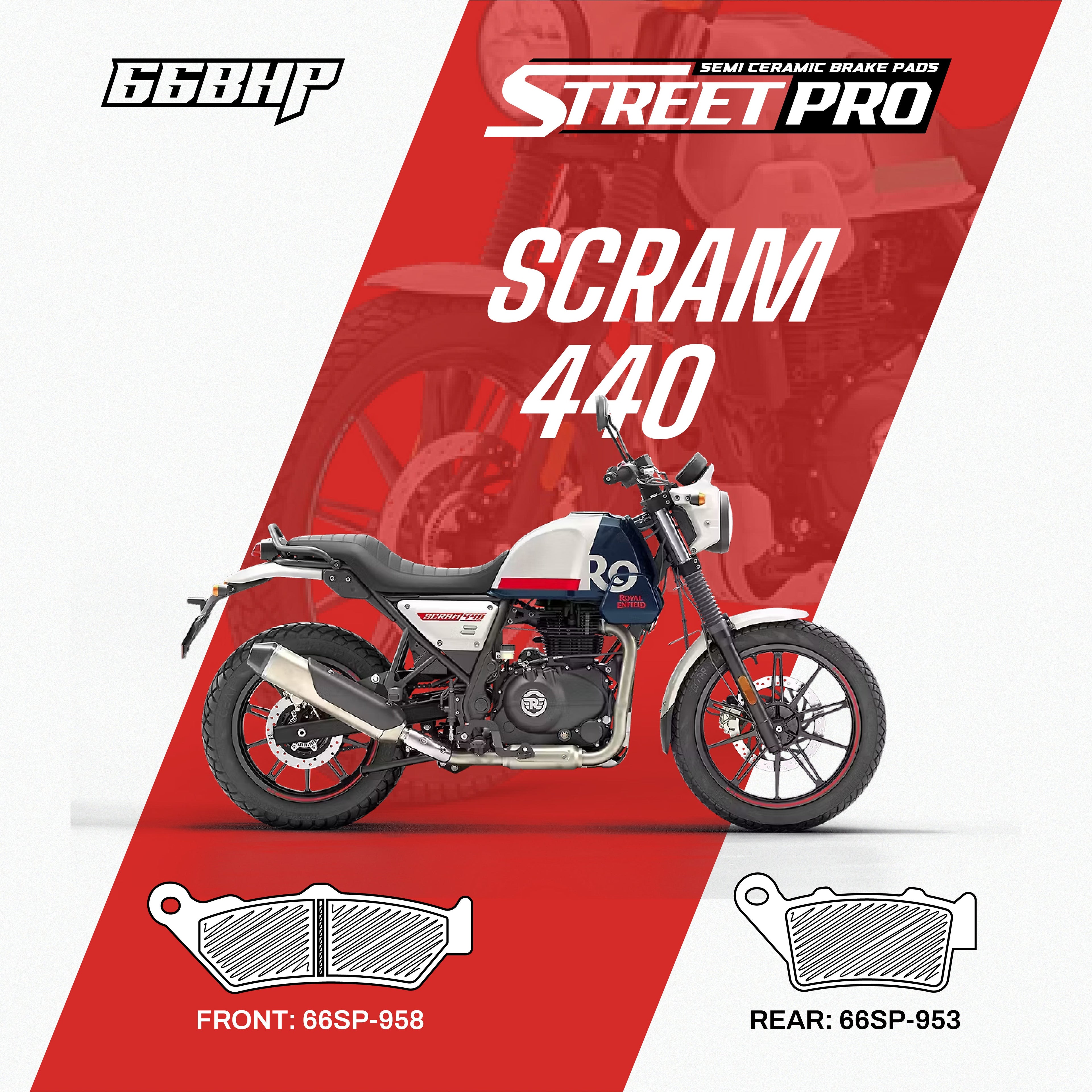 Royal Enfield Scram 440 motorcycle with StreetPro semi ceramic brake pads, front and rear types shown.