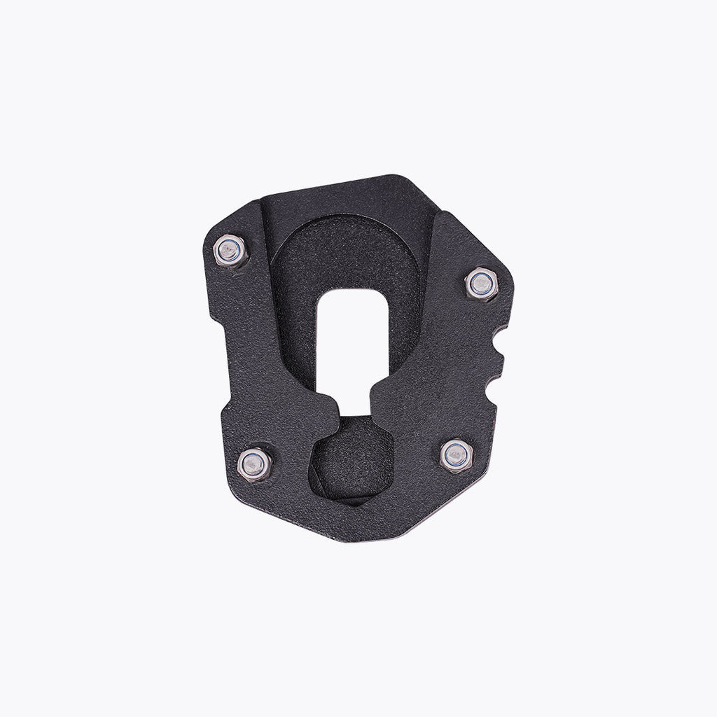 Black motorcycle side stand base plate with bolts, isolated on white background