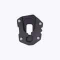 Black motorcycle side stand base plate with bolts, isolated on white background