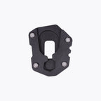 Black motorcycle side stand base plate with bolts, isolated on white background
