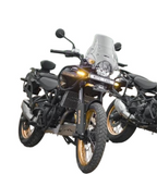 Black adventure motorcycle with gold wheels, windscreen, and front LED indicators