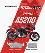 Street Pro semi ceramic brake pads for Pulsar AS200 motorcycle, front and rear pad diagram