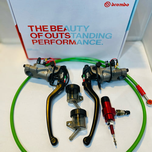 Brembo motorcycle brake lever set with green braided hoses and reservoirs on white background