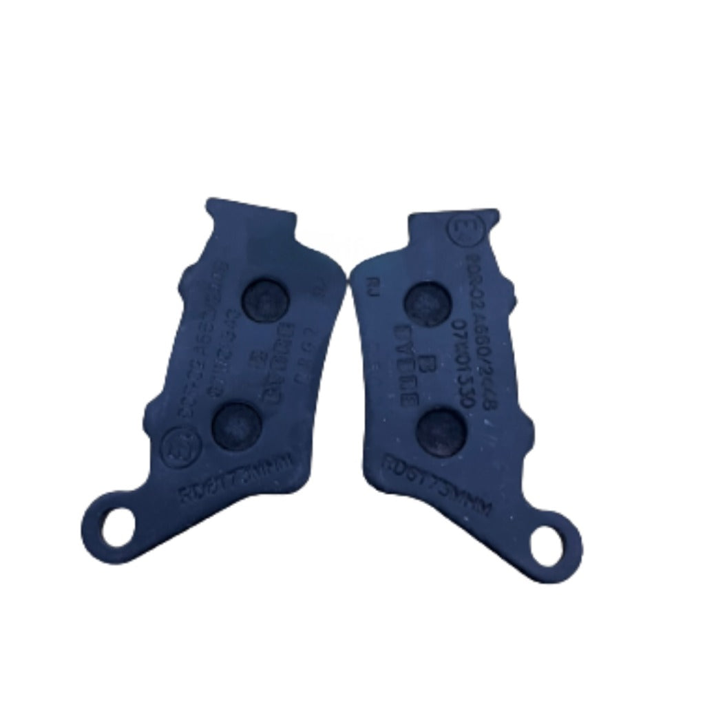 Front view of two black motorcycle brake pads on white background