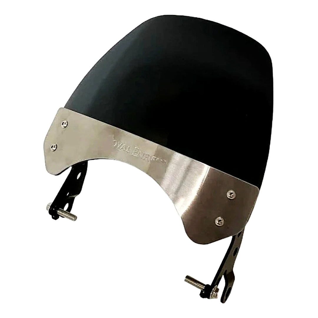Motorcycle windscreen with black tinted shield and stainless steel mounting bracket