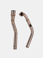 Stainless steel motorcycle bend pipes, two pieces, exhaust system parts on white background