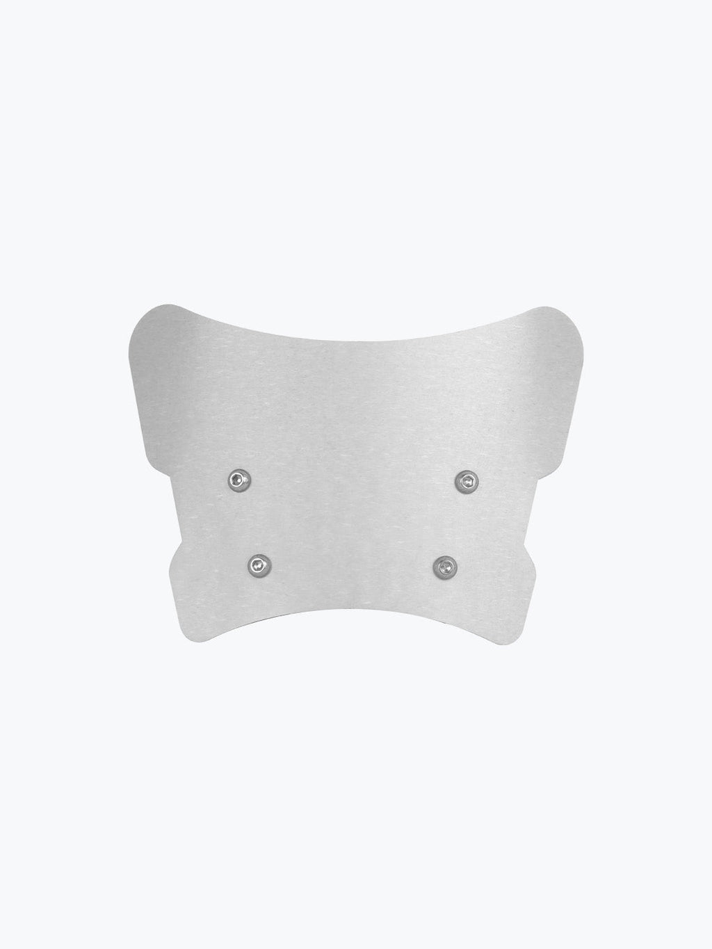 Brushed metal motorcycle windscreen with four mounting screws on white background