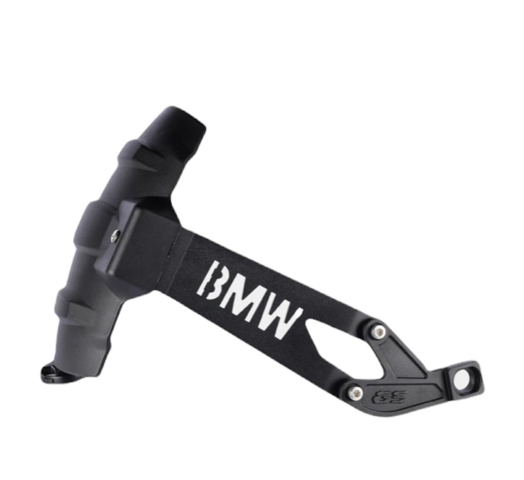Black BMW motorcycle engine guard slider with white BMW logo on a white background