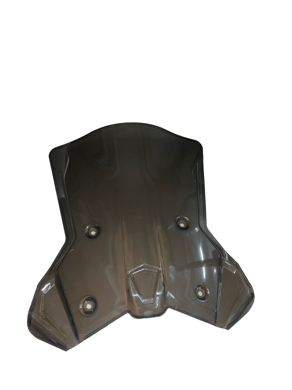 Smoked tinted motorcycle windshield fairing with aerodynamic shape and mounting holes