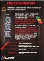 Brake pad wear warning infographic with diagrams, safety tips, and brake maintenance advice.