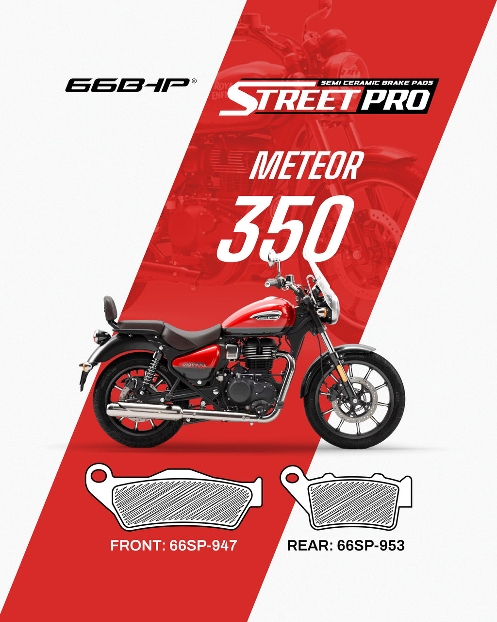 Red motorcycle Meteor 350 with semi ceramic brake pads, front 66SP-947, rear 66SP-953.
