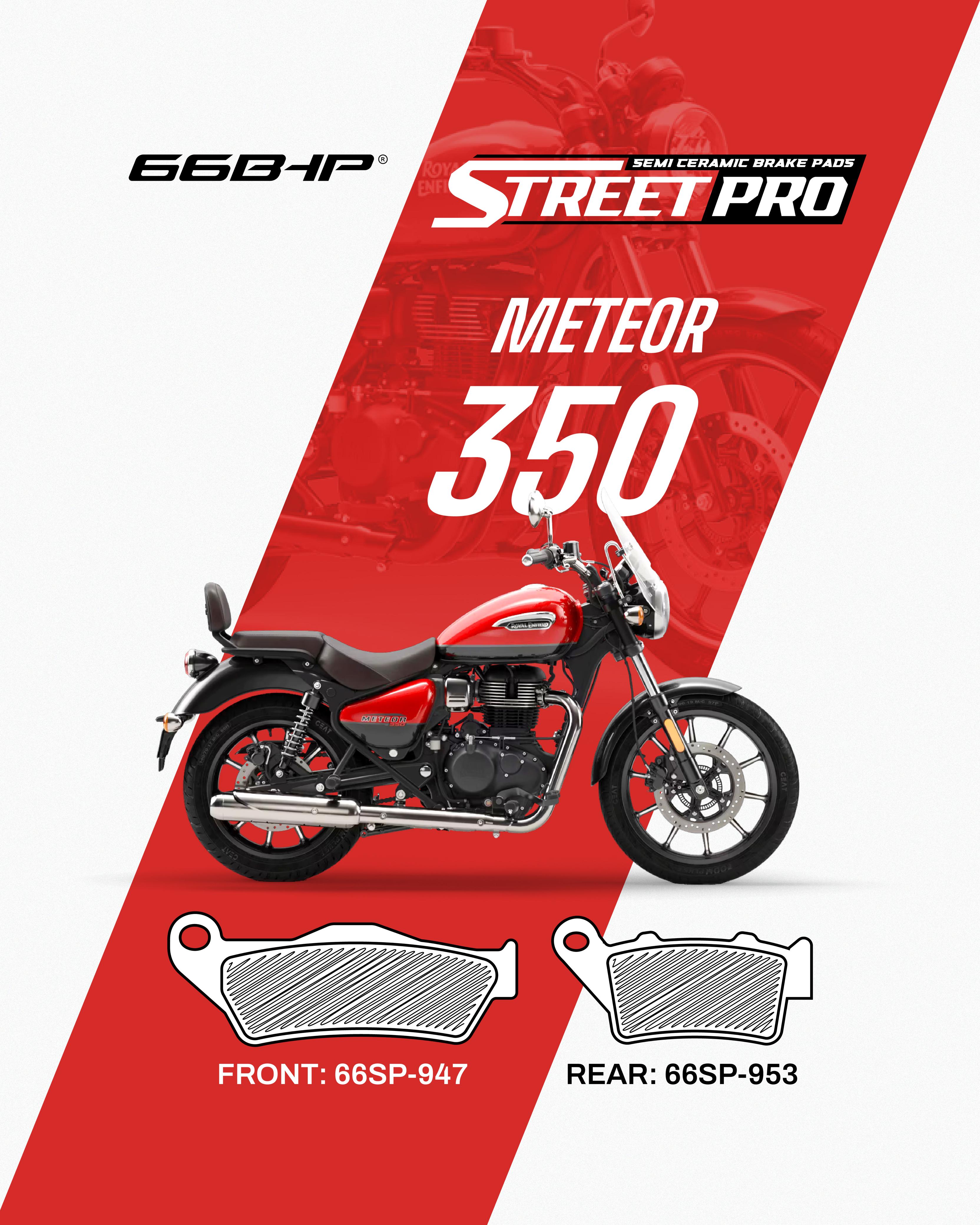 Red motorcycle Meteor 350 with semi ceramic brake pads, front 66SP-947, rear 66SP-953.