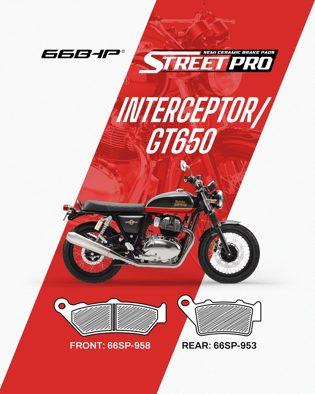 Royal Enfield Interceptor GT650 motorcycle with semi ceramic brake pads, front 66SP-958, rear 66SP-953