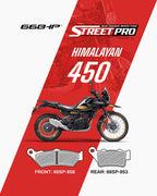 Himalayan 450 motorcycle with front and rear semi ceramic brake pads, Street Pro branding.
