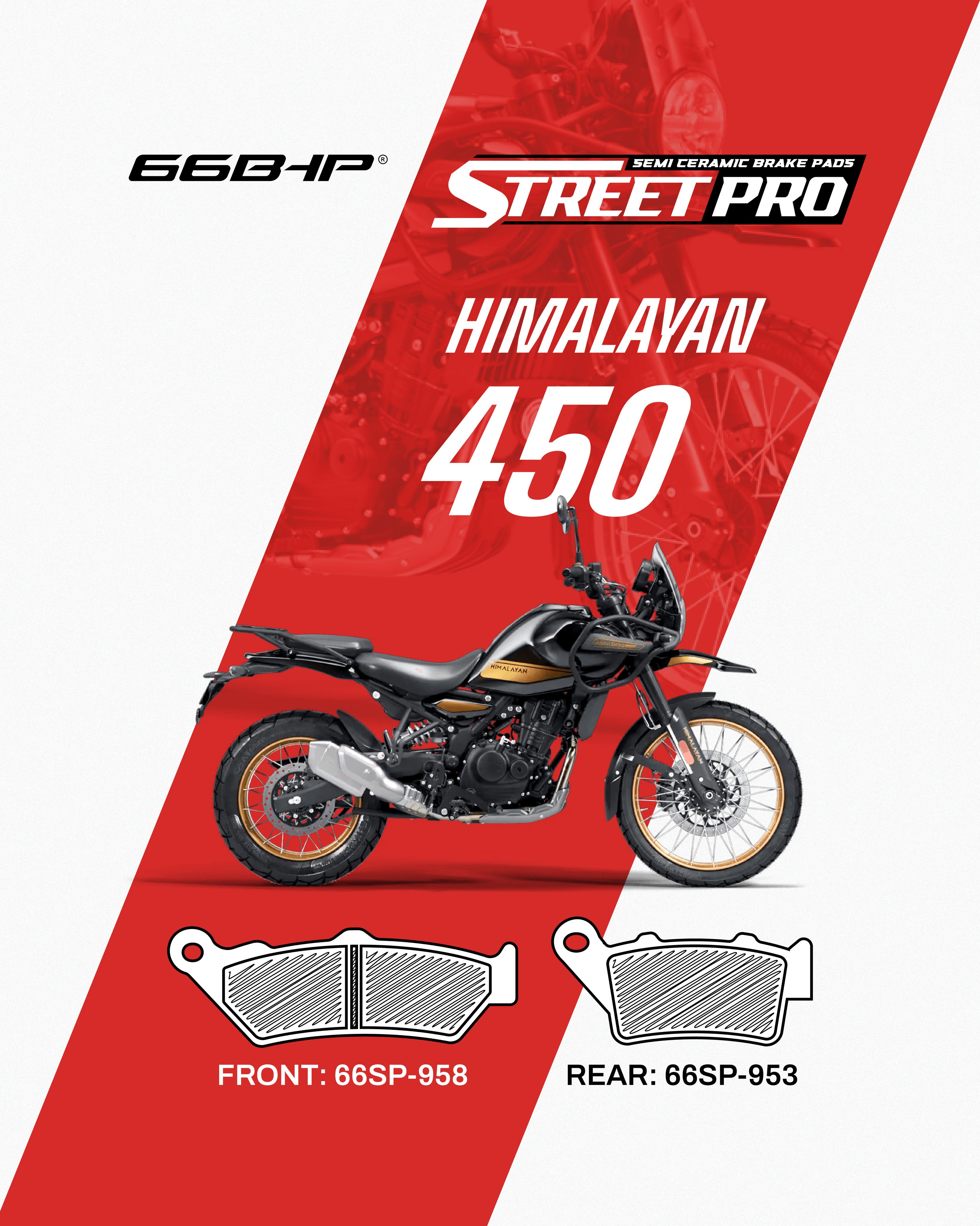 Himalayan 450 motorcycle with front and rear semi ceramic brake pads, Street Pro branding.