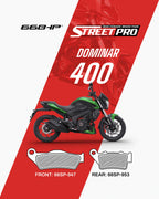 Dominar 400 motorcycle with semi ceramic brake pads, front 66SP-947, rear 66SP-953.